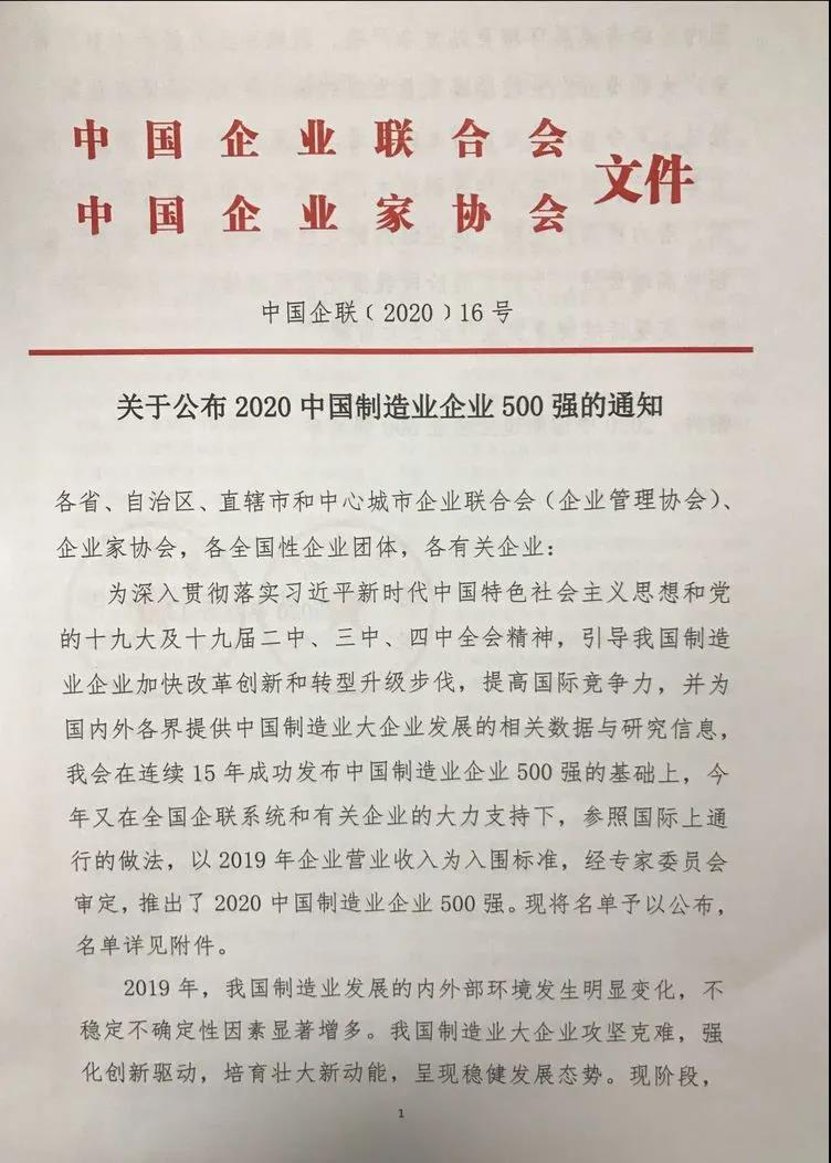 w66利来最给利的老牌铝业上榜“2020中国制造业企业500强”